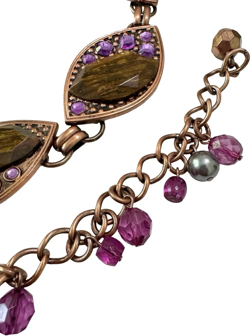 Chico’s Tiger Eye Purple Rhinestone Copper Tone Chain Belt